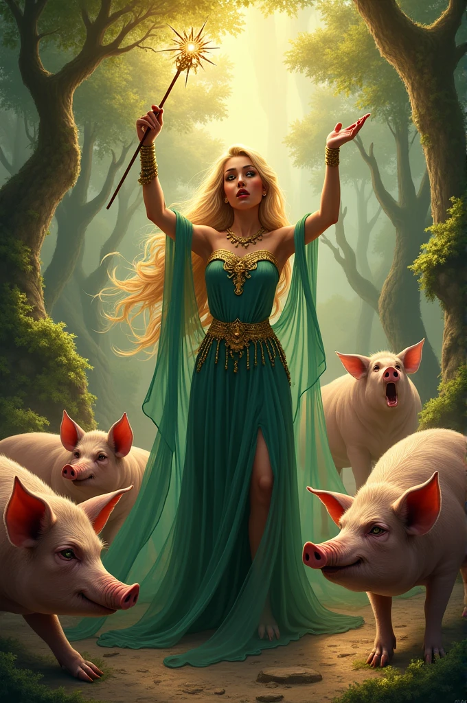 *
*drawing:* Circe is raising a magic wand as Odysseus' men turn into pigs around her.
- *Text:* Storyteller: "Circe, the sorceress, He turned Odysseus' men into pigs."