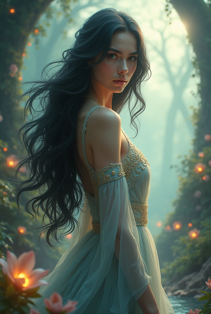 Beautiful long-haired woman in a fantasy world, front view
