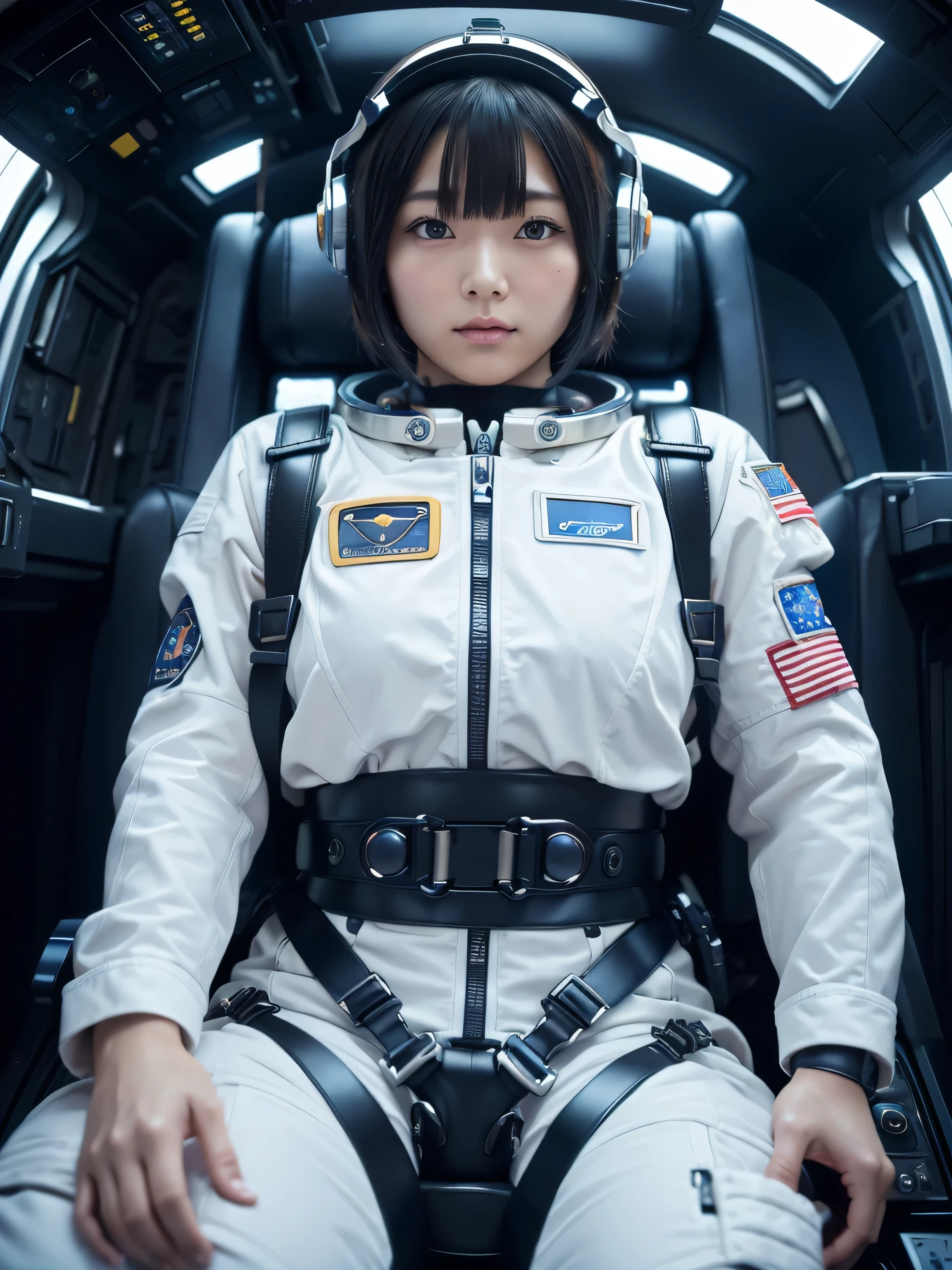 masterpiece, Highest quality, Very detailed, Japanese Android girl, Beautiful 2 Japanese woman, Plump,Control panel,Android,cyborg,Blunt bangs,Sitting in the cockpit of a spaceship and piloting it,The control stick is in the center of the seat.,astronaut,Secured to the seat with a thick harness,Full-face helmet,