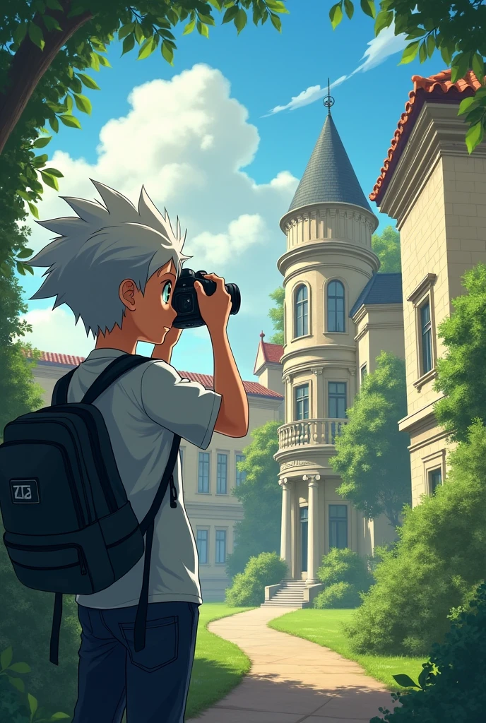 My academy wallpaper:
1 boy with white spiky hair, greenish blue eyes, taking photo