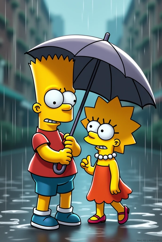 Brothers Bart and Lisa Simpson. Bart holds the umbrella with just one hand. Bart puts up the umbrella to protect Lisa from the rain. The umbrella is small. The umbrella is only over Lisa&#39;s head. Bart gets rain on his body. Bart looks back as if he heard someone calling. Bart is angry. Lisa is the only one under the Umbrella. The umbrella is tilted towards Lisa.