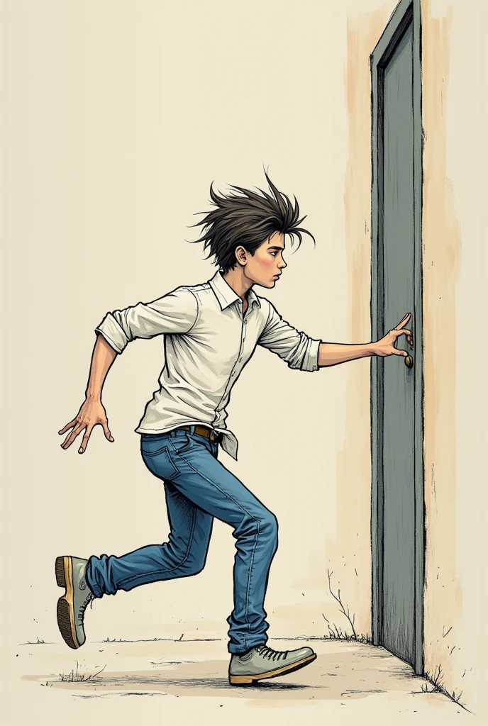 (minimalistic drawing)(dark little color)(young skinny messy hair )(Whiteshirt)(blue pants)the young man runs out to open the door 