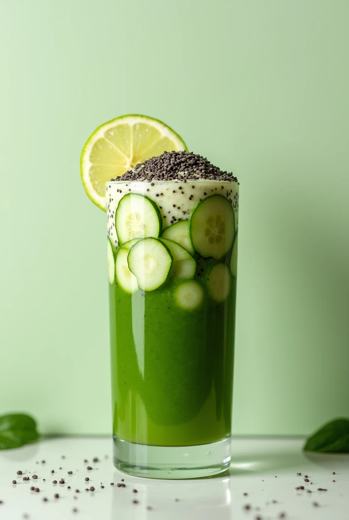 Create an image of this recipe: Green Detox Smoothie Ingredients:
- Fresh spinach: 50 g - Cucumber: 100 g - Green apple: 1 unit (ca.. 150 g)
- Fresh ginger: 5 g - Lemon: 1 unit
- Agua de coco: 200 ml - Chia seeds: 10 g Preparation:
1. Wash the spinach, cucumbers y apple.
2. Corta el cucumbers y la apple en trozos pequeños.
3. In a blender, Place the spinach, cucumbers, apple, ginger and the juice of a lemon.
4. Add the coconut water and blend until smooth..
5. Serve the smoothie in a glass and add the chia seeds on top before enjoying..
