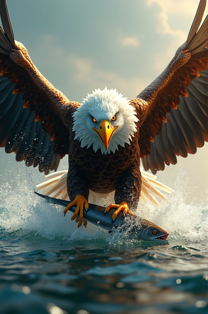 Bald eagle coming out of the sea with a fish in its talons,
The eagle with golden metallic feathers, silver and scarlet beak