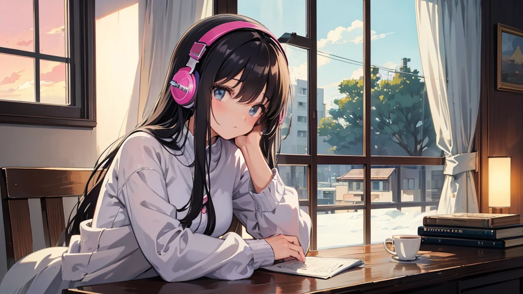A retro anime-style illustration.Create an anime-style illustration of a young woman with dark hair, sitting in a cozy room by the window at sunrise. She is wearing large headphones and looking out the window with a peaceful expression. The room is softly lit with a warm, pinkish glow, and there is a steaming cup of coffee on the table beside her. The scene should evoke a calm, introspective mood, with the focus on the peaceful morning atmosphere.