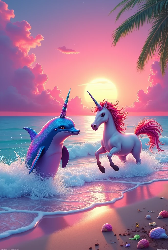A beach with a pink sunset with rainbow dolphins and unicorns, caricature