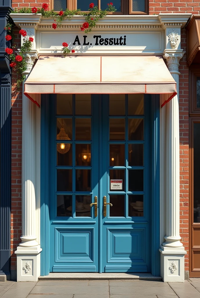 Facade of a men's and women's tailor shop whose name is A.L Tessuti with French doors are dark blue and the white awning has red spider lilies drawn on it. The side pillars have deep arabesques drawn on the white marble and brown bricks that make up the store. Next shop is a simple and even poorly kept hat shop with a plain brown door.
