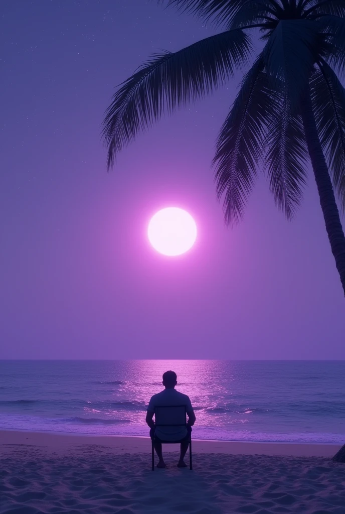 Person in a chair on the large beach at purple night with moon, with palm tree