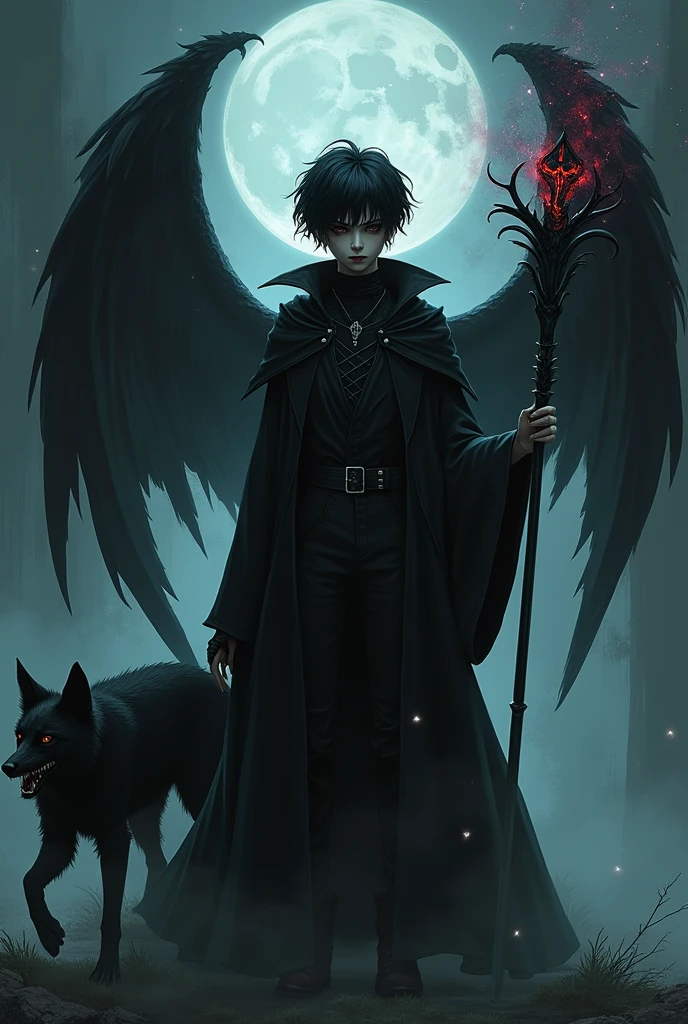 Gothic emo femboy dark wizard with skeleton wing, he has vampire fangs and he has a dark wolf made of darkness that is always with him, he also has a scepter, he has anime features