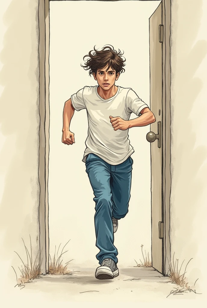 (minimalistic drawing)(dark little color)(young skinny messy hair )(Whiteshirt)(blue pants)the young man runs out to open the door 
