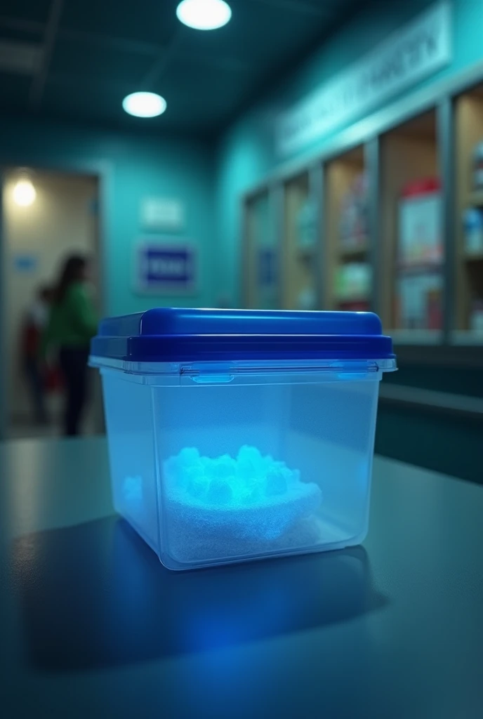 A cover of a mystery movie about a small food carrier, with blue lid, translucent and square, inside a health post and say the phrase