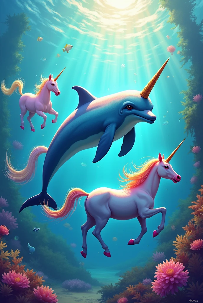 A dolphin swimming in the sea with unicorns, that the image is very colorful 