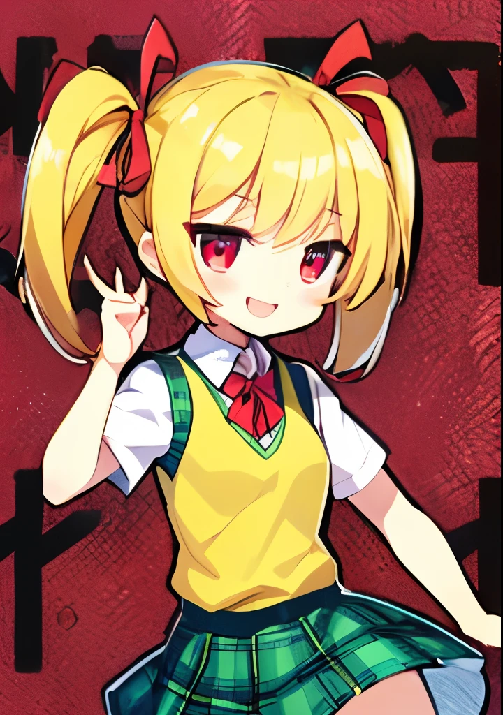 One Girl, Green Skirt, Plaid, Checked Skirt, Southwest High School Uniform, Uniform, Skirt, Sweater Vest, (Yellow Sweater: 1. 3), Short Sleeves, Cartoon Character, Curvy, Cute Face, Full Smile, Strong Eyes, Lots of Eyes, Tender Loving Face, Bright Expression, Twin-tailed Blonde Hair,. red ribbon, wearing red ribbon, clown costume, wearing clown costume, open hand, face in focus, front view, red eyes, two hands, five fingers, no shadow on background, high quality