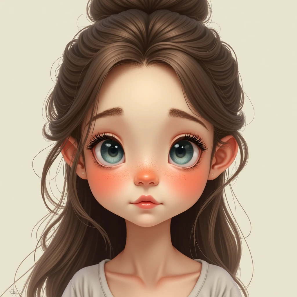 Generates a frontal portrait with lots of lighting of a very white-skinned girl with slightly large pink cheeks., with freckles, showing tenderness, big light blue eyes, small nose, full lips and small mouth, long eyelashes, eyebrows, long and bushy brown, with hair up , that does not interfere with your face, small face