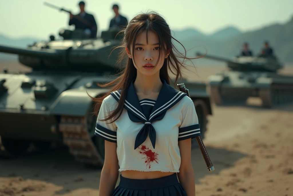 A cover image of a woman wearing a Thai school uniform, white shirt and black A-line skirt, fighting fiercely against a horde of zombies wearing different clothing, blood splattered, with a baseball bat hitting the zombies' heads. She wears tattered clothes, no exposure. The scene is dark and atmospheric, with a realistic and fierce style. The background is an old Thai temple, with a parked broken tuk-tuk and a horde of zombies.