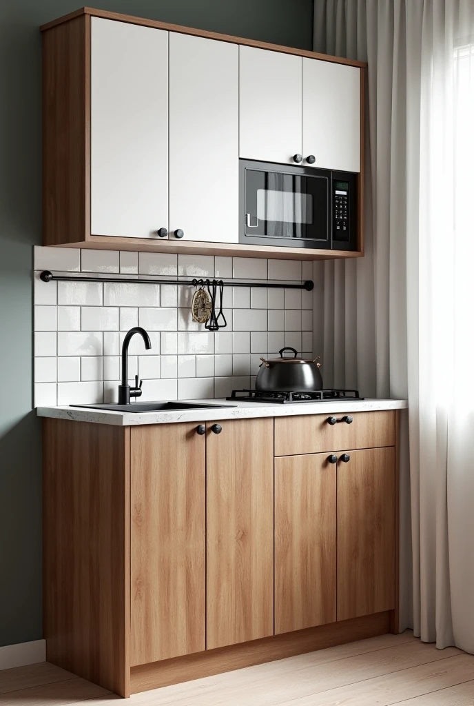Small kitchen cabinet of 2.5 long. White on top and woody on the bottom. With rounded black handle and framed doors With space for microwave, cooktop, sink and oven.
With white marble countertop, sink with tile on the back wall in a 20cm by 20cm square format