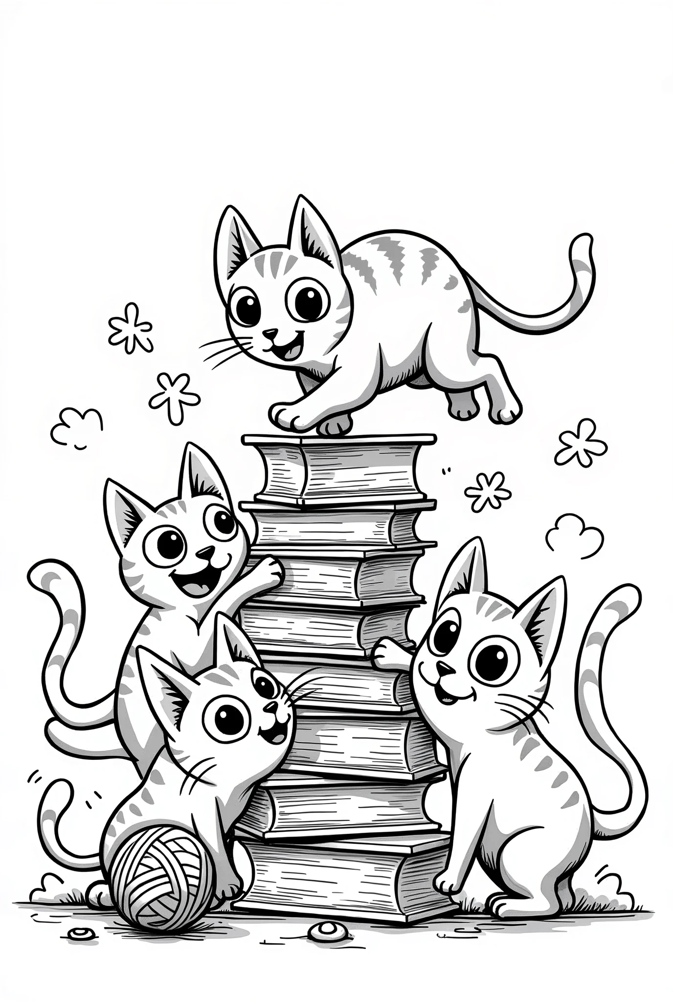 Funny cat kids coloring page, no grey scales, no colored areas, white background only