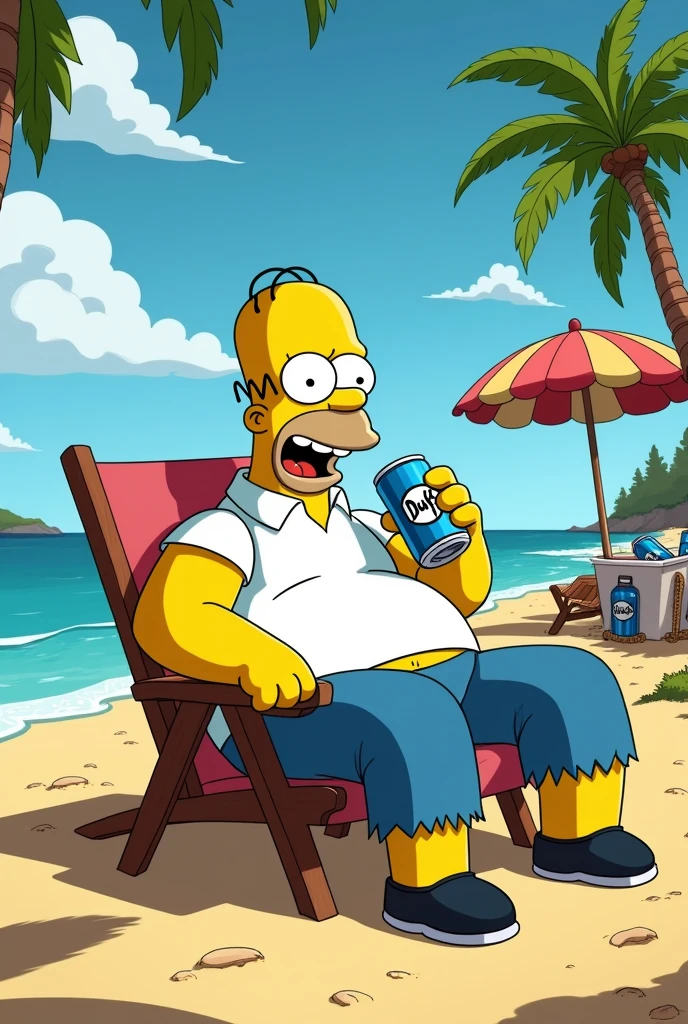 Create the character Homer Simpson on a beach drinking beer 
