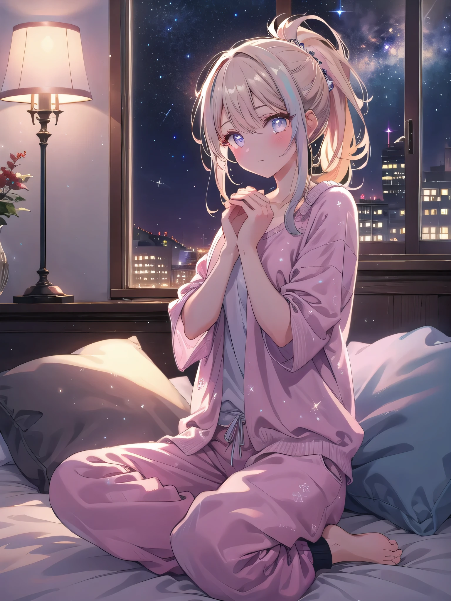 ((8k, Highest quality, masterpiece: 1.3)),Ultra-high resolution,(1 girl, alone), (Color changing eyes, Ultra-detailed, Expressive brilliance, Glitter, Glowing Eyes), Highly detailed eyes, Highly detailed face, Random Hair, ((pastel colour))Stretching Before Bed
The woman is in her bedroom, performing a few gentle stretches before heading to bed. She’s dressed in a casual tank top and pajama pants, her hair tied back in a loose ponytail. The room is softly lit by a warm-toned lamp on the nightstand, casting a cozy glow that contrasts with the dark, starry sky visible through the window. She reaches down to touch her toes, glancing up at the camera with a relaxed, content expression, as if sharing this peaceful, end-of-day ritual. The background includes a neatly made bed with a thick, fluffy duvet and a few decorative pillows, adding to the calm, inviting atmosphere of the scene.