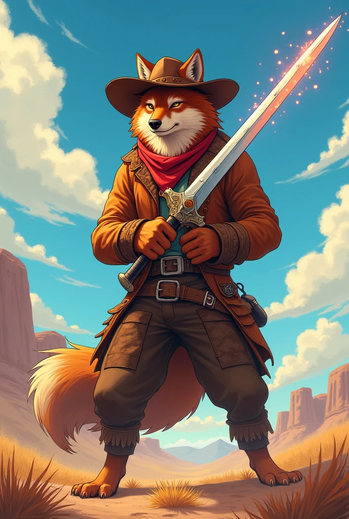 Brown furred wolf dressed as a cowboy using an anime style sword