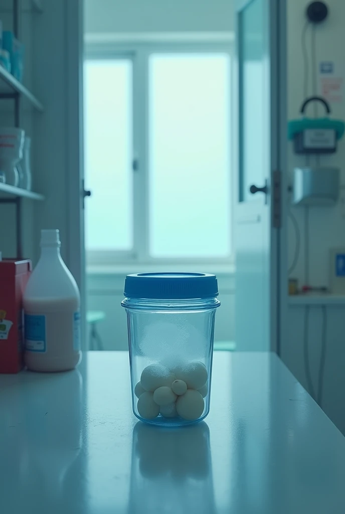 A cover of a mystery movie about a small food carrier, with blue lid, translucent and square, inside a health post.