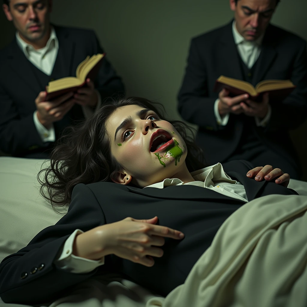 A photorealistic image focused on the scene of the exorcist's girl but photographed from a distance, the girl's face looks possessed, lying on a bed in a room set in the 1970s, tied with a rope and next to her are two priests praying and reading the Bible. The girl has white eyes, a dirty mouth with thick green liquid coming out of her mouth and her collar and suit are dirty with that liquid, a gloomy face and messy hair, the girl's skin looks somewhat torn., UHD, retina, masterpiece, accurate, textured skin, anatomically correct, super detail, high details, award winning, high quality, best quality, highres, 4K