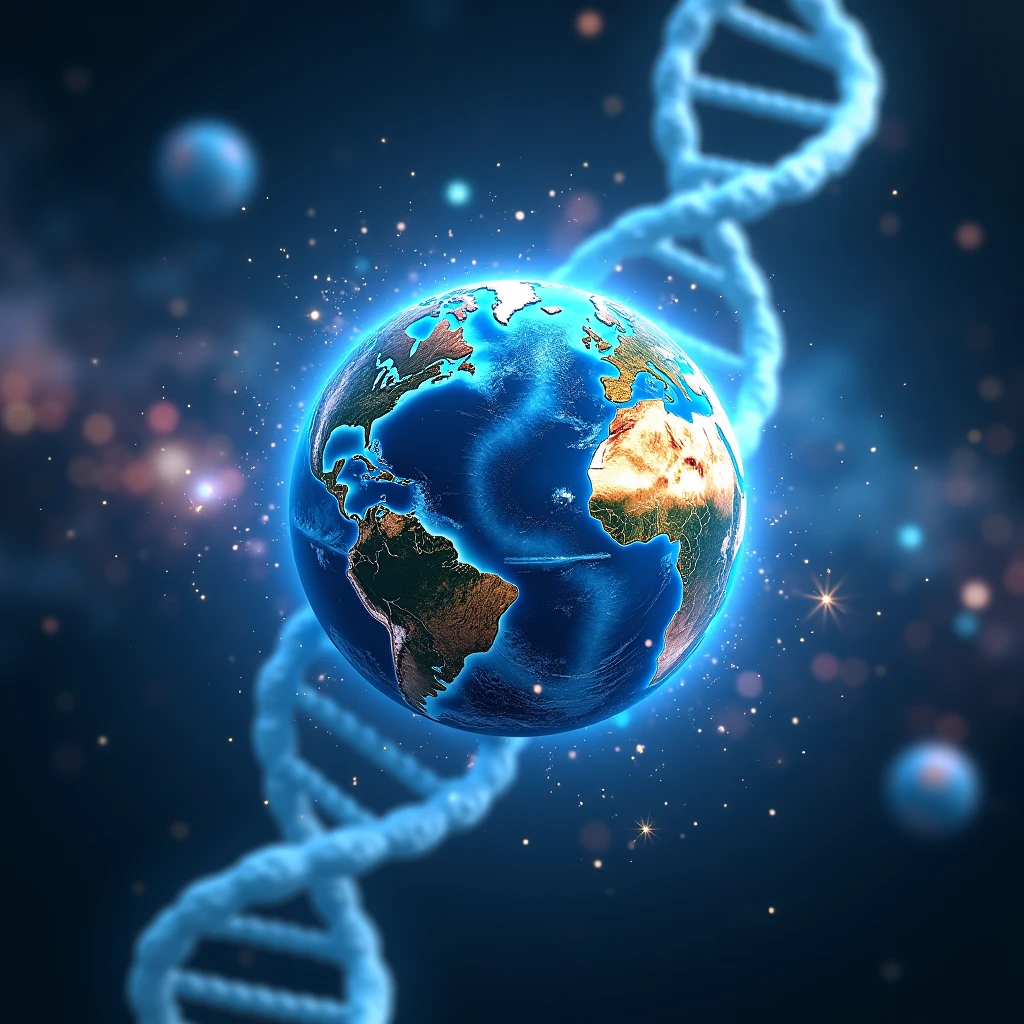 A photorealistic 8k cinematic image of the universe, mysterious atmosphere, abstract colors, DNA strands, a stethoscope around the world in the center, with A 3D text "MISTERIOS DE LA SALUD" in sky blue with sparkles.