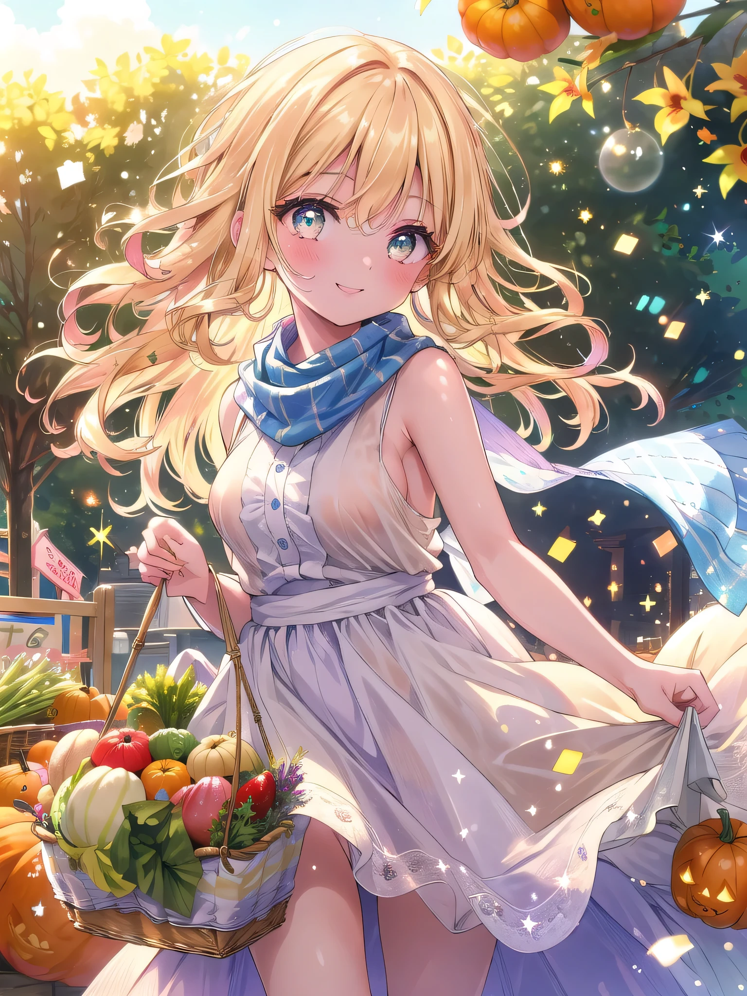 ((8k, Highest quality, masterpiece: 1.3)),Ultra-high resolution,(1 girl, alone), (Color changing eyes, Ultra-detailed, Expressive brilliance, Glitter, Glowing Eyes), Highly detailed eyes, Highly detailed face, Random Hair, ((pastel colour))Breezy Day at the Farmers’ Market: Wearing a simple, sleeveless dress with a light scarf draped around her neck, a woman with wavy blonde hair shops at an outdoor farmers’ market. The stalls are filled with late-summer produce, and a gentle breeze catches the loose strands of her hair. She carries a basket of fresh fruits and vegetables in one hand while the other reaches out to pick up a pumpkin. She turns towards the camera with a warm, inviting smile,(nsfw:1.2)