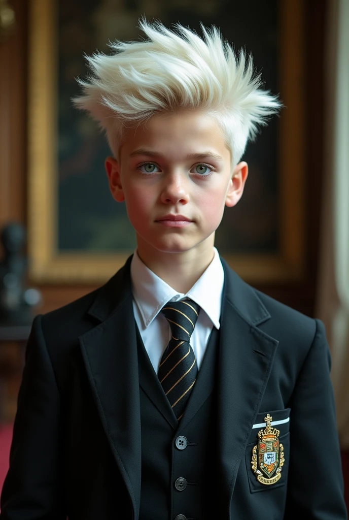 My academy wallpaper:
1 boy with white spiky hair, greenish blue eyes , posing for a photo
