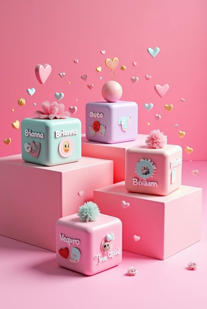 There are four cubes sitting on a table and on each cube it says "BRIANNA", "LUCERO", "CHAQUILA", "HUAMAN", aestheticism, a photo of michy mouse, several hearts, many hearts, emoticons and a pink background, cubes, good! c4d