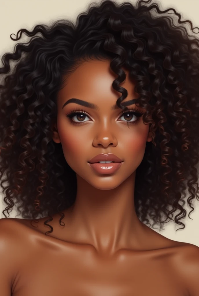 "Create a detailed portrait of a woman with a matte skin tone. She has voluminous, curly hair that cascades down around her shoulders. Her facial features are soft yet defined, with expressive eyes, a well-contoured nose, and full lips. The overall expression should convey confidence and warmth. The background should be simple to keep the focus on her face and hair."
