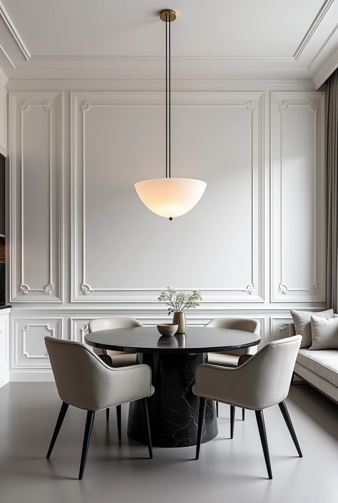 create a realistic photo of a 50m2 apartment decor with white walls, boasserie, thin wall mirrors all around the corner, round black marble table, with 5 chairs with a white half-cup chandelier on top, smooth gray floor, grey sofa, American counter, white fitted kitchen furniture
