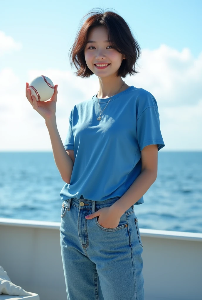 Highly realistic 8k photos, sea background, standing on a boat, holding a baseball with one hand, Korean woman, Wearing a blue t-shirt and jeans, standing face to face, Looking at the camera, A photo showing the whole body, short hair, full body photo, Feet coming out, A little smile,