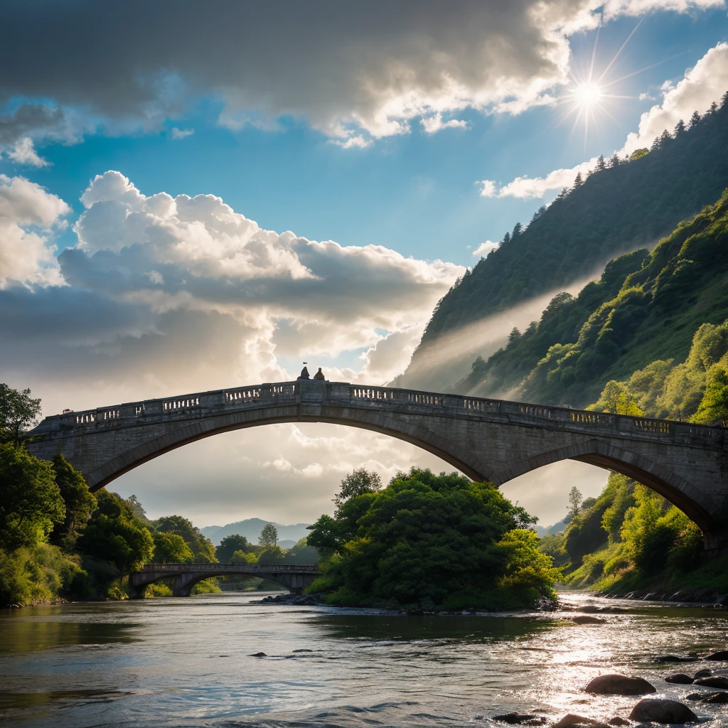 raging river, A calm and sunny landscape in the background, Sunlight through the clouds, Dramatic lighting, Dramatic clouds, Dramatic Sky, peaceful, quiet, A bridge to new beginnings, Overcoming adversity、A shining cross in the center