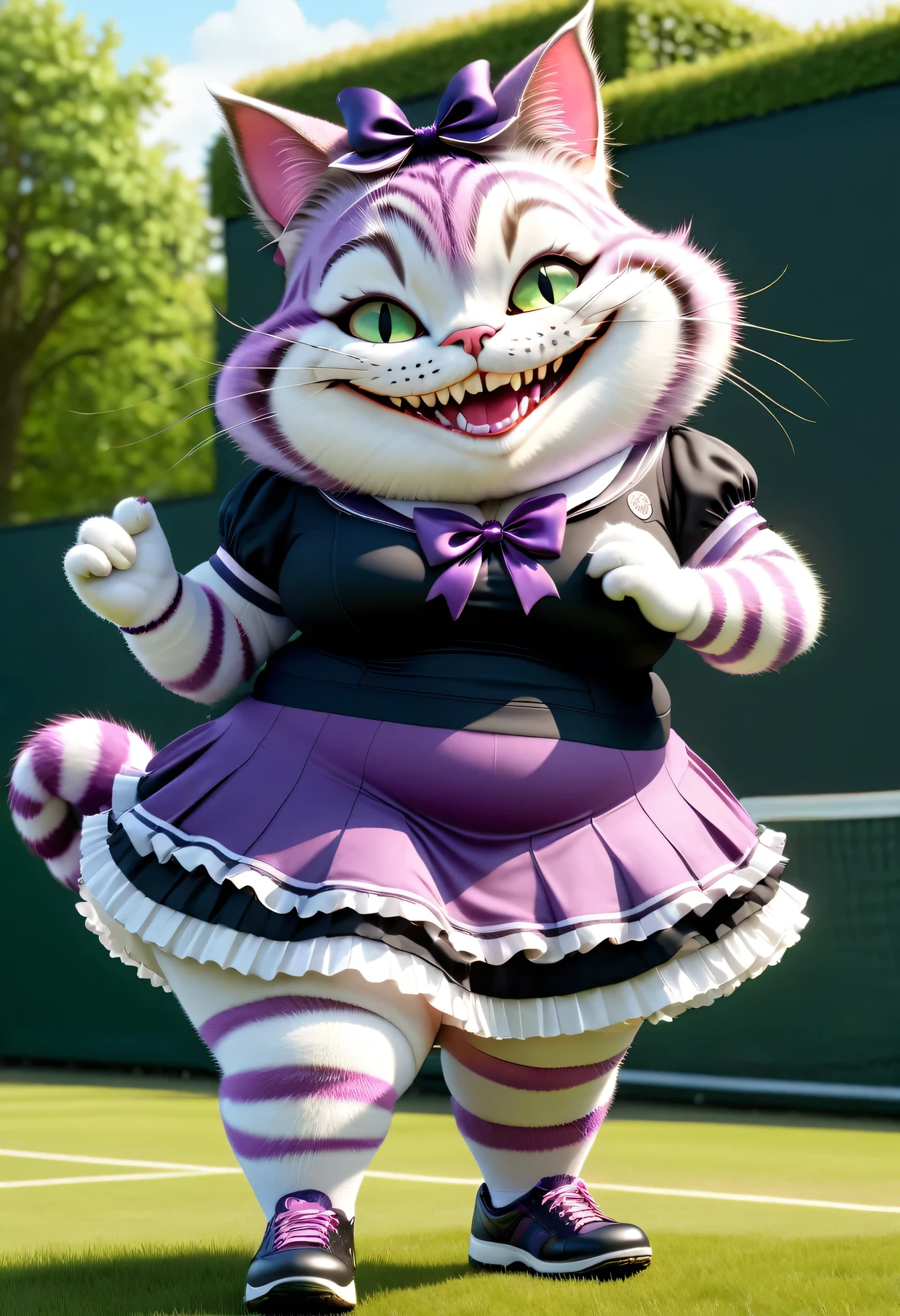 photorealistic portrait of Dressed animals - a ((fat)) (Cheshire cat) tennis player,(hands on hip:1.5),(happy smile),(elegant pose:1.5), high quality,(lovely smile:1.5) ,intricate detailed frills and ribbon, highly detailed (Gothic & Lolita tennis wear),short skirt, sox and tennis shoes,　grass tennis court background, (happy), perfect lighting,(full body image:2.0),score_9, score_8_up, score_7_up, score_6_up, score_5_up, score_4_up,(looking at viewer:1.5)
