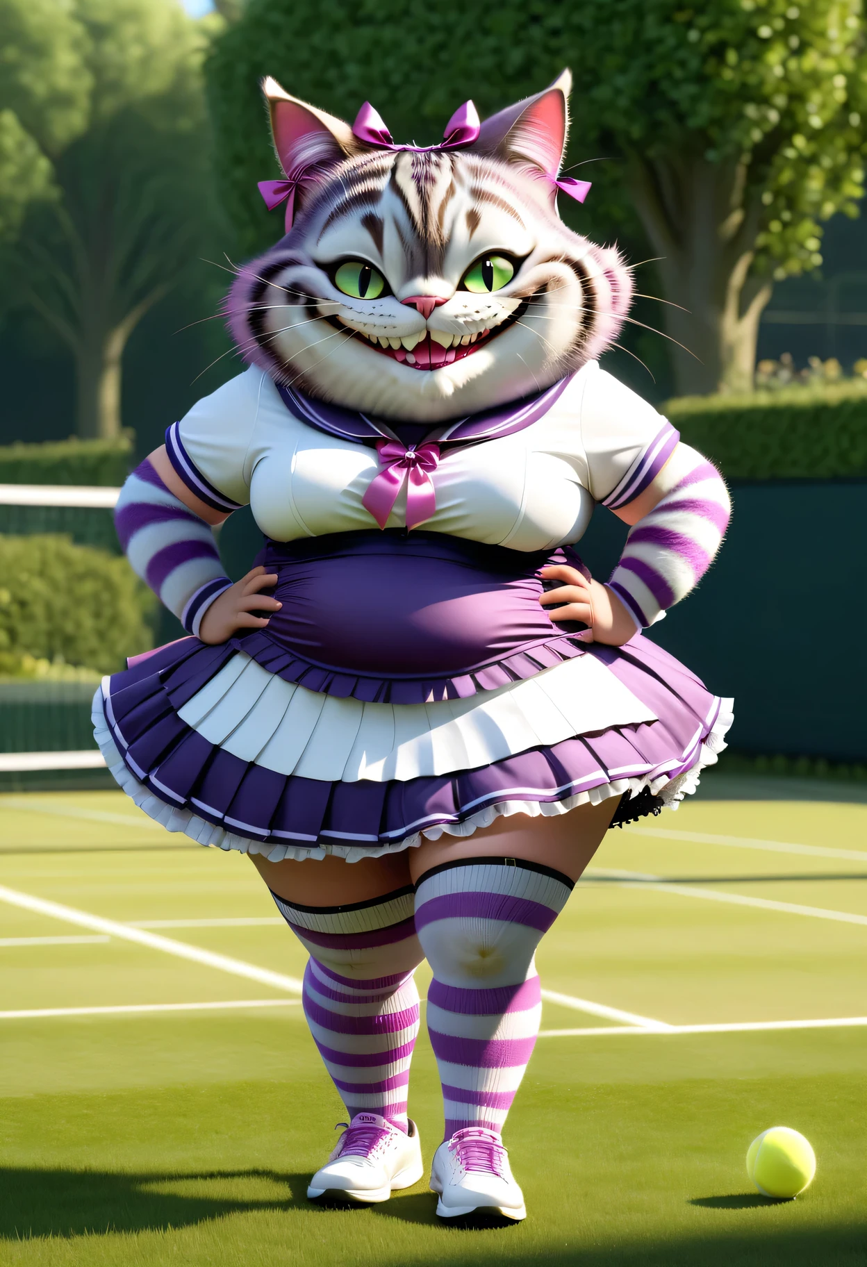 photorealistic portrait of Dressed animals - a ((fat)) (Cheshire cat) tennis player,(hands on hips:2.0),(happy smile),(elegant pose:1.5), high quality,(lovely smile:1.5) ,intricate detailed frills and ribbon, highly detailed (Gothic & Lolita tennis wear),short skirt, sox and tennis shoes,　grass tennis court background, (happy), perfect lighting,(full body image:2.0),score_9, score_8_up, score_7_up, score_6_up, score_5_up, score_4_up,(looking at viewer:1.5)
