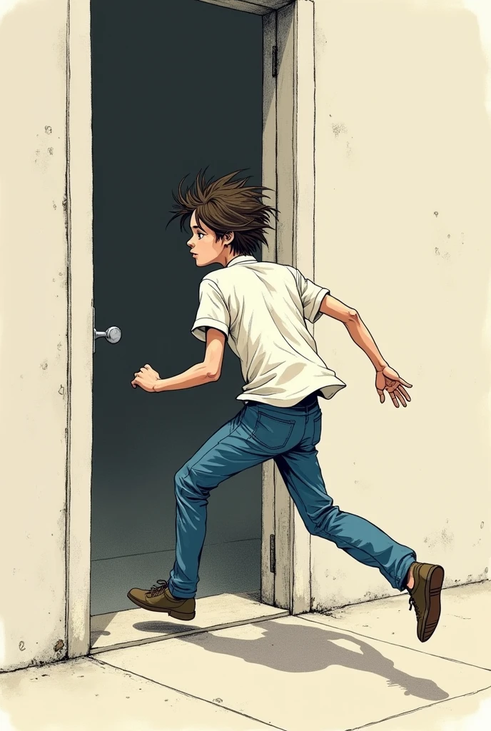 (minimalistic drawing)(dark little color)(young skinny messy hair )(Whiteshirt)(blue pants)the young man runs out to open the door 