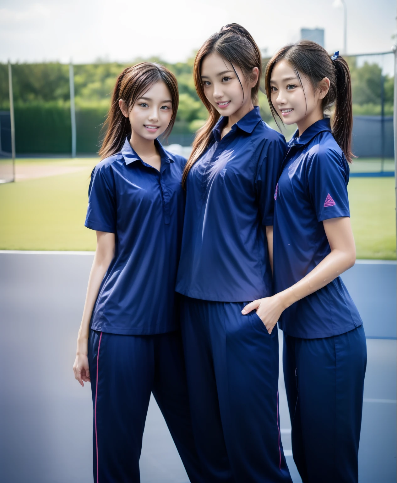 3 girls play tennis at tennis courts, Navy blue short-sleeved shirt,Navy Long Trackpant,Sweatpants, Sweatpantsขายาว,2 girl, lesbian, sexy, exercise clothes, wet body, exercise clothes