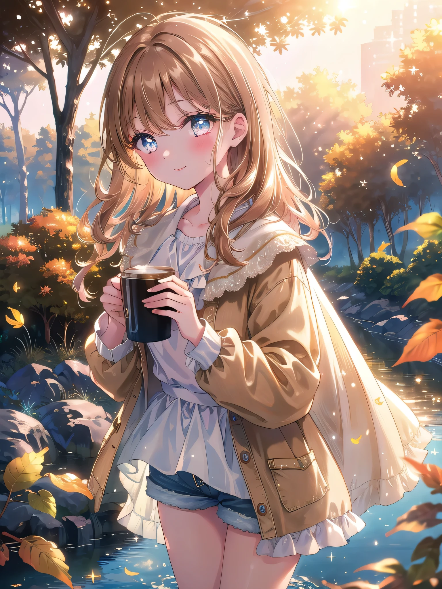 ((8k, Highest quality, masterpiece: 1.3)),Ultra-high resolution,(1 girl, alone), (Color changing eyes, Ultra-detailed, Expressive brilliance, Glitter, Glowing Eyes), Highly detailed eyes, Highly detailed face, Random Hair, ((pastel colour))A charming woman with light brown hair, wearing a white, long-sleeved blouse and high-waisted denim shorts, walks along a riverbank. The leaves on the nearby trees are starting to turn orange, and the morning sun casts a warm, golden glow. She holds a small cup of coffee in one hand and looks over her shoulder at the camera with a gentle smile, her eyes reflecting the peacefulness of the scene,(nsfw:1.2)