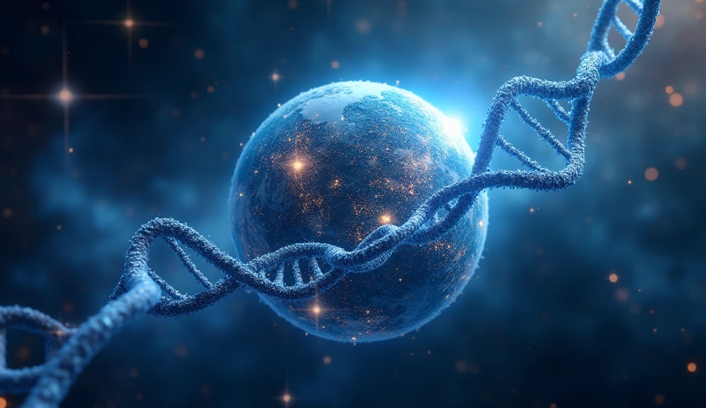 A photorealistic 8k cinematic image of the universe, mysterious atmosphere, abstract colors, DNA strands, a stethoscope around the world in the center, with A 3D text "MISTERIOS DE LA SALUD" in sky blue with sparkles.