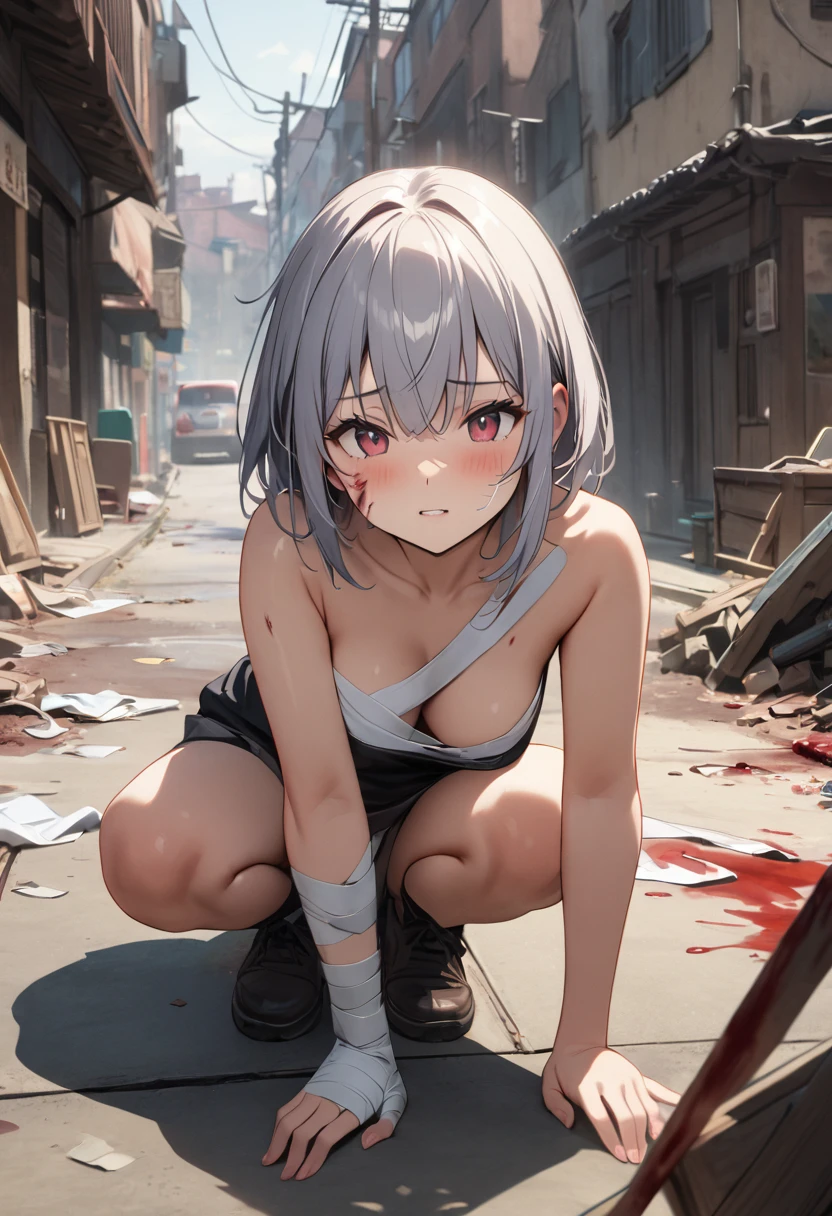 (Highest quality, 4K, 8k, High resolution, masterpiece:1.2), Very detailed, Picturesque, Animated Photography, Photo Animation:1.37)、Browsing Caution、Japanese schoolgirl.Completely naked、Injury、destruction、(((Amputee)))、((Bloody bandage:1.5))