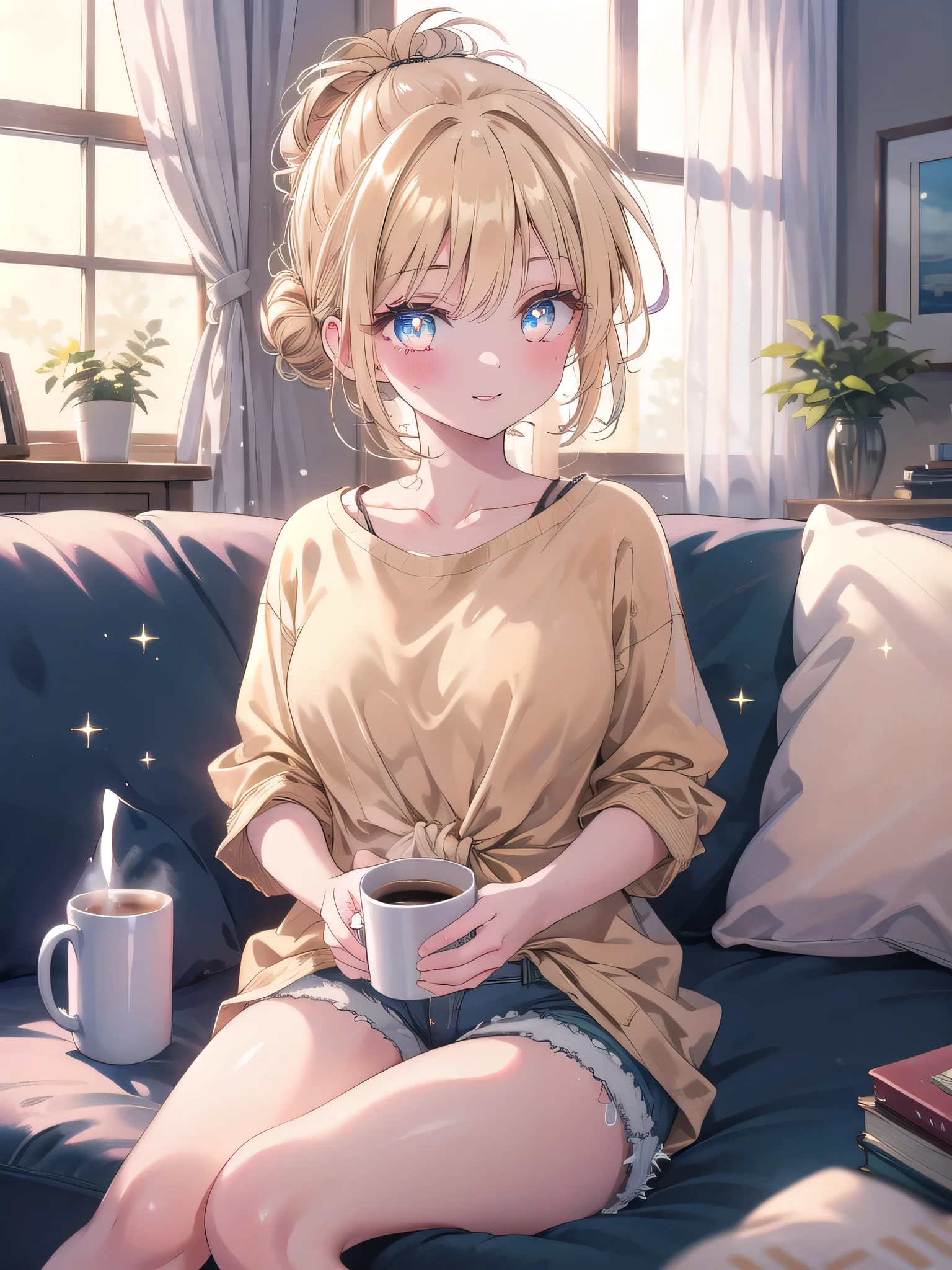 ((8k, Highest quality, masterpiece: 1.3)),Ultra-high resolution,(1 girl, alone), (Color changing eyes, Ultra-detailed, Expressive brilliance, Glitter, Glowing Eyes), Highly detailed eyes, Highly detailed face, Random Hair, ((pastel colour))A young woman, dressed in an oversized white T-shirt and denim shorts, is sitting cross-legged on the couch in the living room. She’s holding a mug of coffee with both hands, bringing it close to her lips. Her hair is loosely tied up in a messy bun. She’s looking directly at the camera with a soft, contented smile, her eyes reflecting the morning sunlight streaming through the window. The room is cozy, with a warm beige color palette and a few scattered pillows on the couch. A gentle breeze moves the curtains slightly, adding to the serene morning atmosphere,(nsfw:1.3)