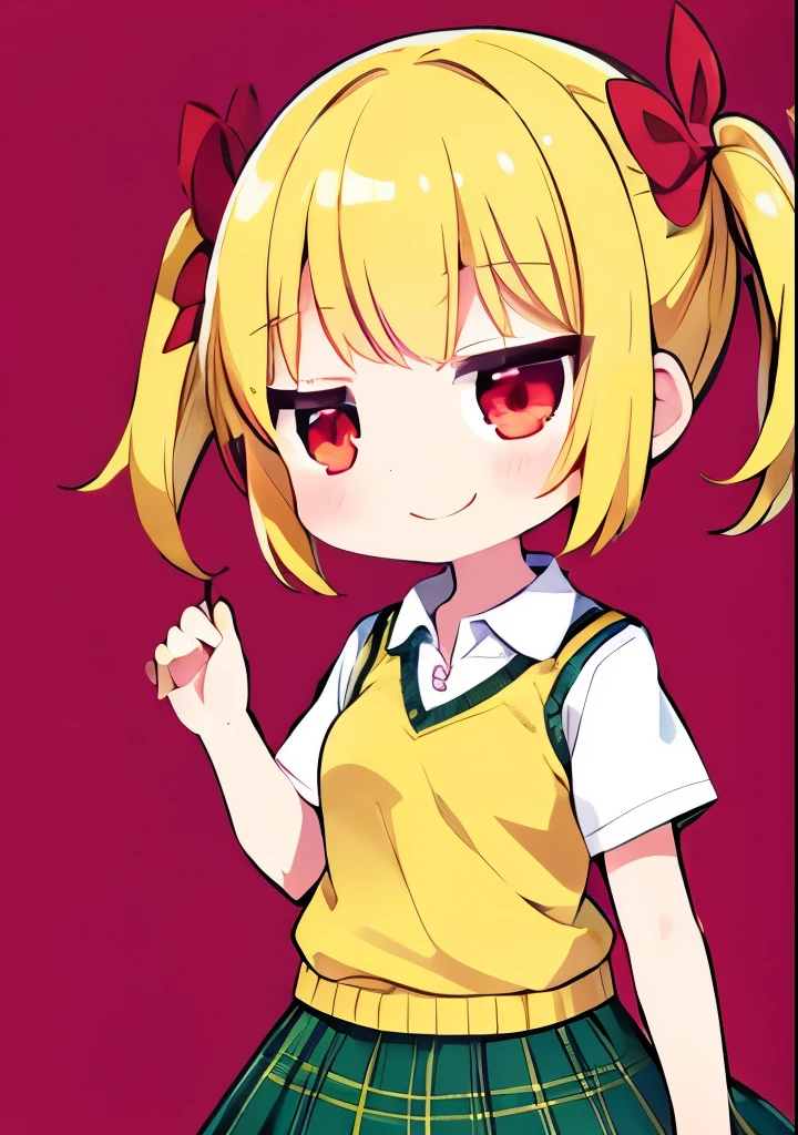 One Girl, Green Skirt, Plaid, Checked Skirt, Southwest High School Uniform, Uniform, Skirt, Sweater Vest, (Yellow Sweater: 1. 3), Short Sleeves, Cartoon Character, Curvy, Cute Face, Full Smile, Strong Eyes, Lots of Eyes, Tender Loving Face, Bright Expression, Twin-tailed Blonde Hair,. red ribbon, wearing red ribbon, clown costume, wearing clown costume, open hand, face in focus, front view, red eyes, two hands, five fingers, no shadow on background, high quality