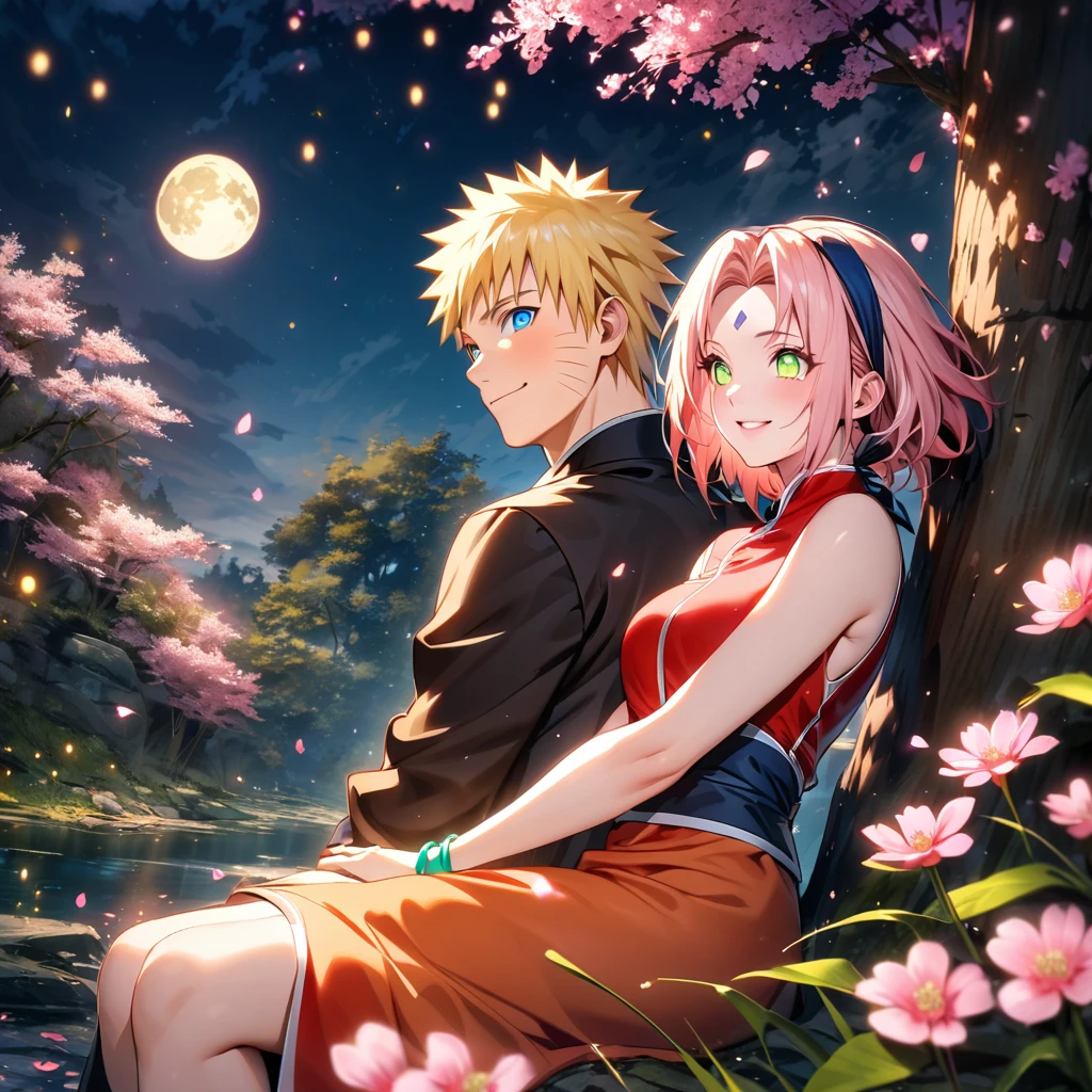 Ultra detailed, highres, absurdres, HDR, Haruno Sakura, pink short hair, green expressive eyes, red clothes, Uzumaki Naruto, blue expressive eyes, blonde hair, orange clothes, Naruto Shippuden, pink flowers, petals, fireflies, moon, a beautiful woman together with a handsome man, couple, handsome, beautiful, very detailed face and eyes, smiling