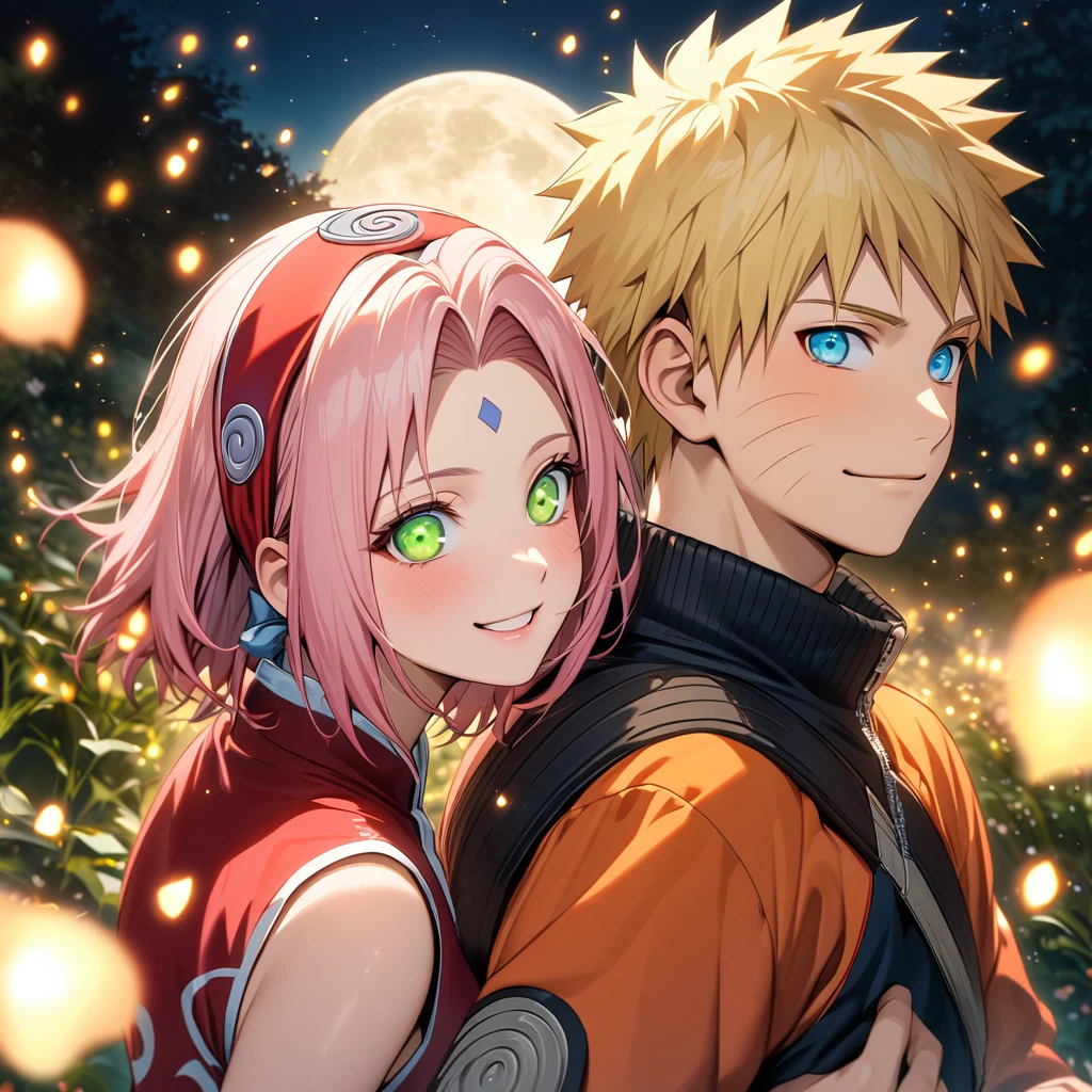 Ultra detailed, highres, absurdres, HDR, Haruno Sakura, pink short hair, green expressive eyes, red clothes, Uzumaki Naruto, blue expressive eyes, blonde hair, orange clothes, Naruto Shippuden, pink flowers, petals, fireflies, moon, a beautiful woman together with a handsome man, couple, handsome, beautiful, very detailed face and eyes, smiling