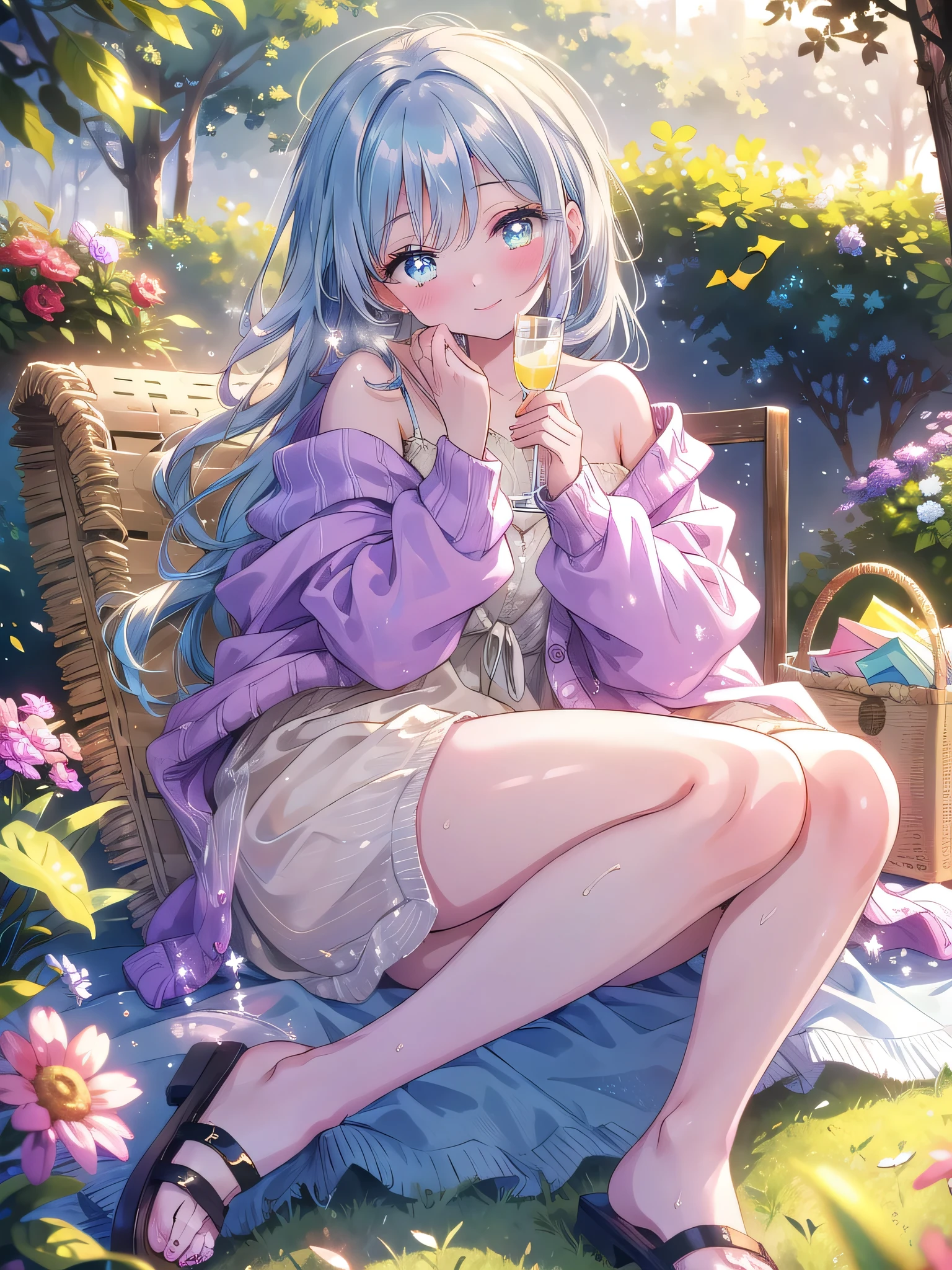 Purple hair girl painting、Glass mandarin orange earrings decorate both ears、Eye color: Ocean pink purple、Space Eyes、Inside the room、(((Giant orange shaped cushion)))Hug、Sit down, long hair、Bun Hair、Cool and complicated, Hand holding sliced orange, A very happy expression with plenty of orange juice、Orange juice spills from both hands, Very embarrassed、The best smile、Open your mouth wide、Grin、目はclose、((Purple and black dress))、((Syringe Shoulder Bag)), Fun and lively characters, close( Perfect Anatomy )、Beautiful, translucent white skin、A slightly wet purple dress、Underwear is visible、Soaking wet、quality\(8K,非常に精細なCGユニットのwallpaper, masterpiece,High resolution,top-quality,top-quality real texture skin,Super two-dimensional,Increase the resolution,RAW Photos,最高quality,Very detailed,wallpaper,Cinema Lighting,Ray-tracing,Golden Ratio\),[Browsing Caution]、White and orange theme、Everything is orange except for the outfit, hairstyle, and eye color.、barefoot、whole body
