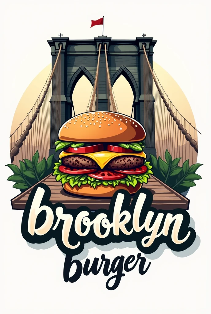 A logo that features a burger in the center, with "Brooklyn Burger" wrapped around it. Highlighting the Brooklyn bridge