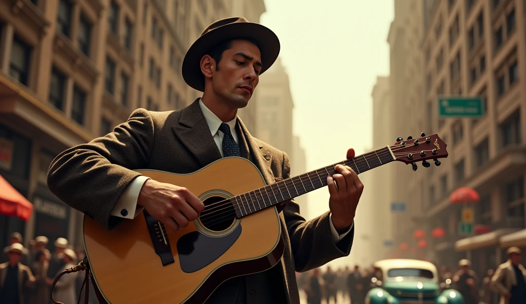 1934, man playing guitar on the street(New York), masterpiece, best quality, photorealistic, highly detailed, cinematic lighting, warm color tones, urban landscape, street scene, crowd of people, storefronts, buildings, cars, realistic textures, dramatic shadows, atmospheric haze, sunlight, detailed facial features, expressive pose, musical instrument, realistic clothing, urban environment