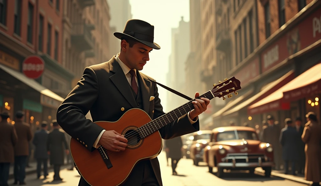 1934, man playing guitar on the street(New York), masterpiece, best quality, photorealistic, highly detailed, cinematic lighting, warm color tones, urban landscape, street scene, crowd of people, storefronts, buildings, cars, realistic textures, dramatic shadows, atmospheric haze, sunlight, detailed facial features, expressive pose, musical instrument, realistic clothing, urban environment