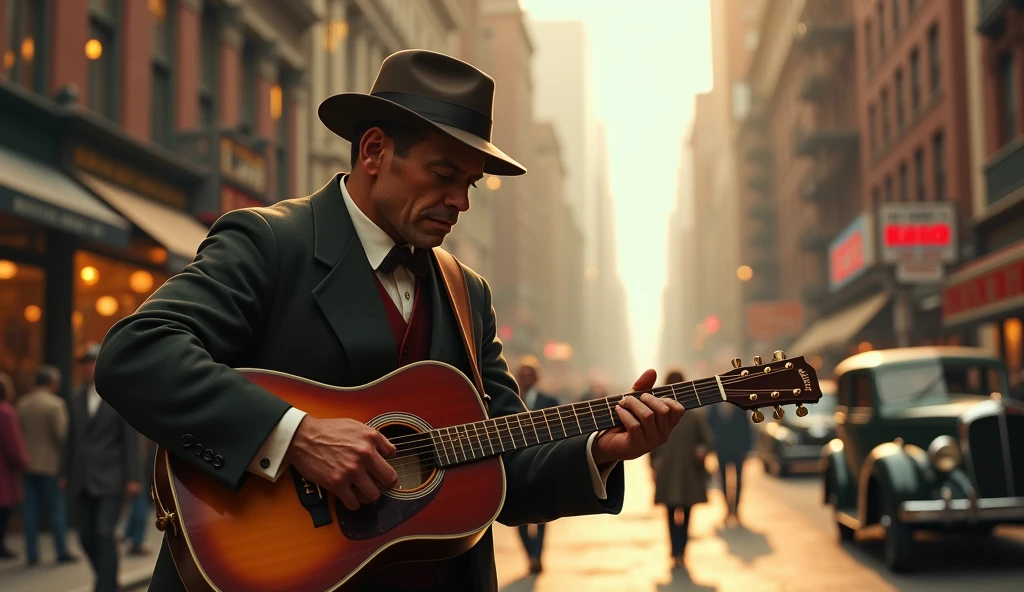 1934, man playing guitar on the street(New York), masterpiece, best quality, photorealistic, highly detailed, cinematic lighting, warm color tones, urban landscape, street scene, crowd of people, storefronts, buildings, cars, realistic textures, dramatic shadows, atmospheric haze, sunlight, detailed facial features, expressive pose, musical instrument, realistic clothing, urban environment